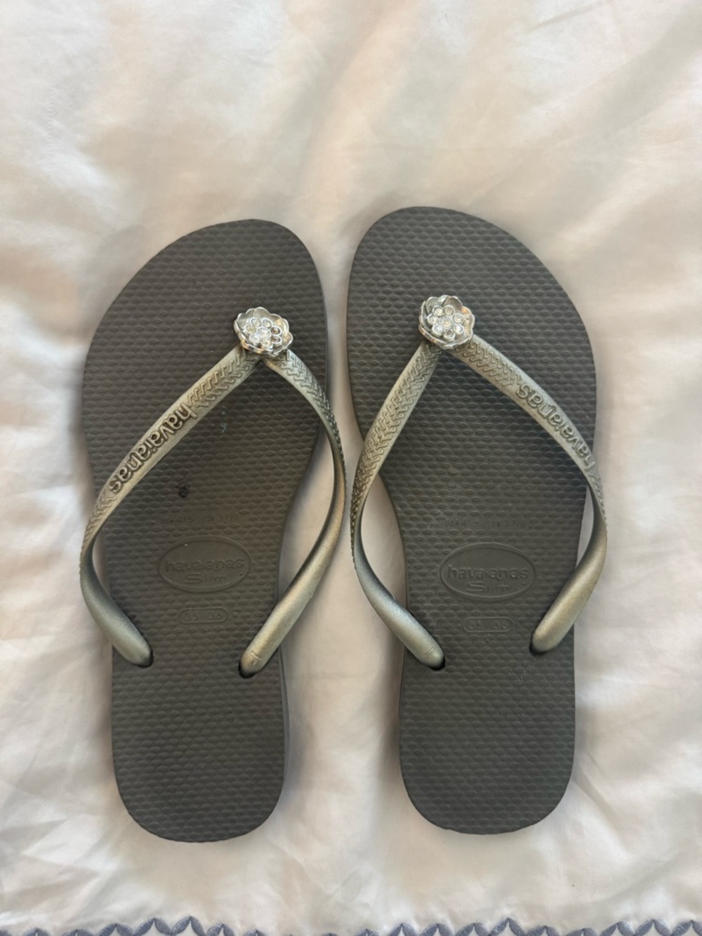 Havaianas Women's Gray Flip Flops  Metallic Silver & Flower Jewel Accent 35/36